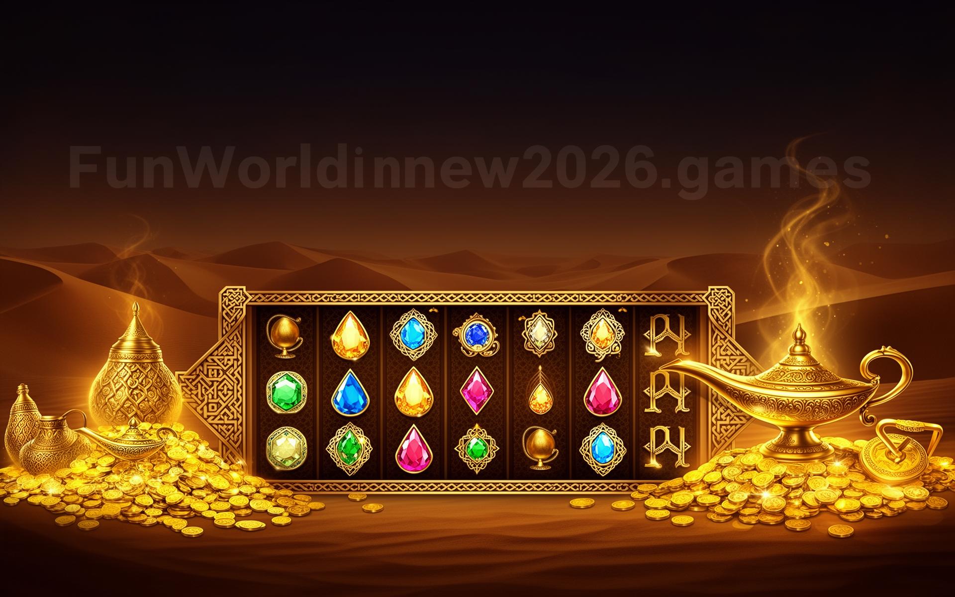 Arabian themed slot machine with desert and treasure symbols, FunWorldnew2026.games